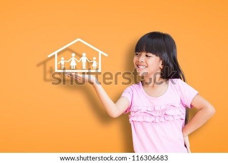 Smile little girl showing on family symbol over simply background Smile little girl showing on family symbol over simply background
