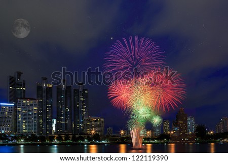 Fireworks over building cityscape, Bangkok Thailand