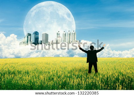 Businessman standing on the field and watching the future city on the cloud