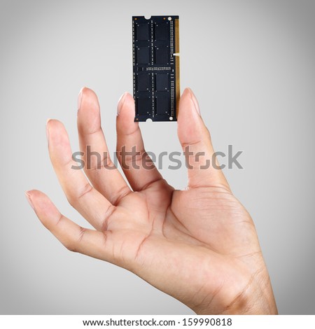 Hand holding computer memory DDR3, Isolated over grey background with clipping path