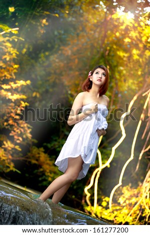 Young asian woman standing by a stream in the forest