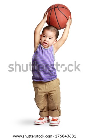 Little boy with basketball, Isolated over white