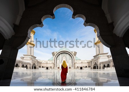 Malaysia Mosque with Muslim pray in Malaysia, Malaysian muslim with mosque religion concept.