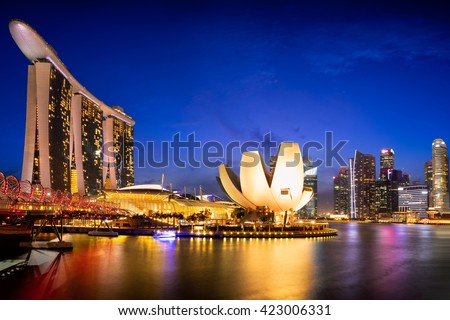 Singapore skyline, Singapore Marina bay at dusk. Marina Bay is a bay located in the Central Area of Singapore. Marina bay Singapore.