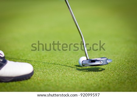 Golf Stick and Ball on the Green Grass
