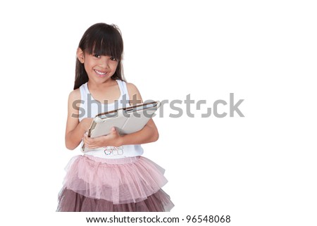 Smiling little girl with touch pad computer, Isolated on white