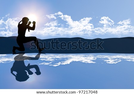 Educated Thai male boxer student is praticing master action in the morning light as seen as silhoulette shape with highland background and skies reflected on foreground created with computer graphic