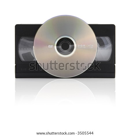 video tape versus digital video disc on a white background with mirror shadow