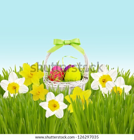 Wicker with colorful eggs standing in the grass with daffodil flowers. Easter border.