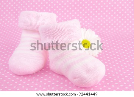 Baby Girl Shoe Socks on Stock Photo   Pink Baby Girl Knitted Socks Or Shoes   Gift For Newly