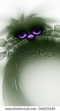 An abstract fractal background of a green face with purple eyes and nose.