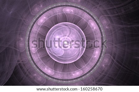 Abstract circular pink fractal background with various waves coming out of it and a decorative green ring around it