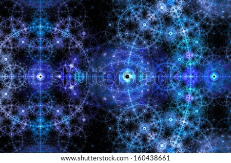 Abstract dark blue and purple fractal background with abstract eyes in the detailed pattern