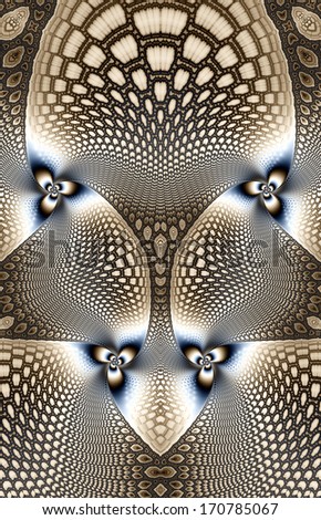 Abstract demonic background in golden color with shining spirals resembling eyes and a detailed background pattern