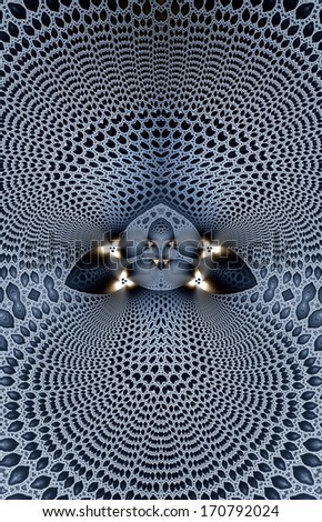 Abstract demonic background in grey color with shining golden spirals resembling eyes and a detailed background pattern