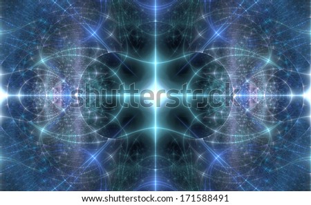 Abstract shining green star surrounded by an abstract detailed pattern in light blue and pink and green colors