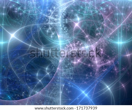 Abstract shining colorful fractal background with shining stars in light blue, green and pink colors