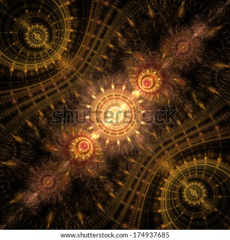 Abstract fractal star shining background in warm colors with a detailed surrounding pattern