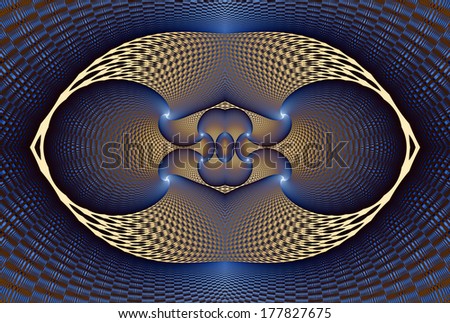 Abstract fractal background with two alien heads with shining eyes in blue and yellow colors balanced against each other