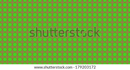 Green and red abstract fractal background in high resolution with a detailed simple geometric pattern consisting of a grid of squares in between of circles and dots inside.