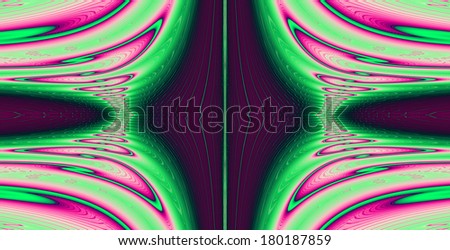 Abstract fractal background with a detailed balanced wavy pattern going to the infinity in pink and green colors