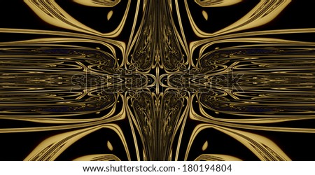 Abstract fractal background with a detailed balanced wavy texture connected to a central decorative flower pattern in yellow and black colors