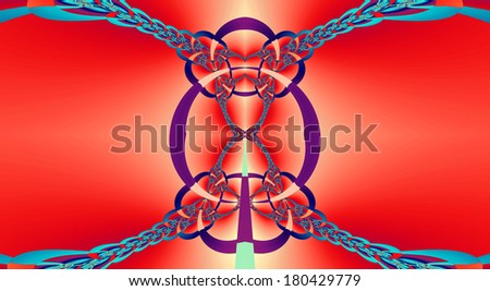 Abstract fractal background with a detailed chain pattern that interconnects in the middle in high resolution in red and cyan colors