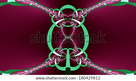 Abstract fractal background with a detailed chain pattern that interconnects in the middle in high resolution in dark pink and light green colors