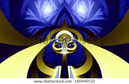 Abstract fractal design with pillars on the side, detailed center connecting them in the middle and two decorative spiral patterns on the top in purple and yellow colors