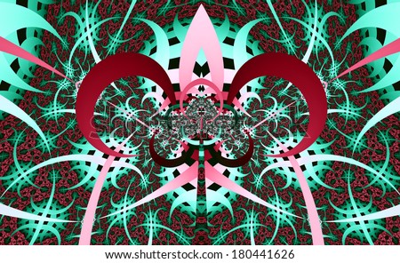 Abstract fractal design with sharp pillars and detailed pattern and various interconnected lines and semicircles creating a shape of a crown in green and red colors