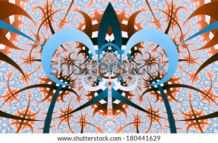 Abstract fractal design with sharp pillars and detailed pattern and various interconnected lines and semicircles creating a shape of a crown in cyan and orange colors