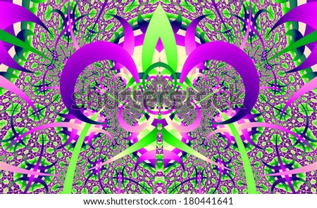 Abstract fractal design with sharp pillars and detailed pattern and various interconnected lines and semicircles creating a shape of a crown in pink and green colors