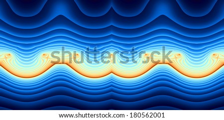 Abstract dark blue wavy fractal background with decorative line of spirals in orange color