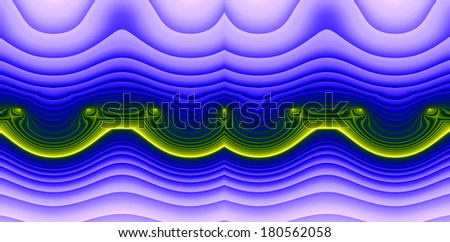 Abstract purple wavy fractal background with decorative line of spirals in yellow-green color