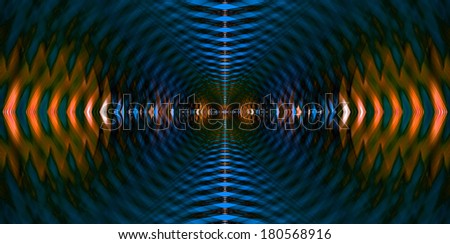 Abstract fractal background with a detailed wavy and arrow-like pattern going from the center to the edges in blue and orange colors