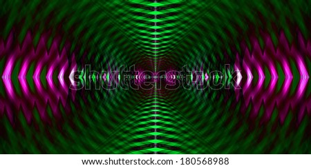 Abstract fractal background with a detailed wavy and arrow-like pattern going from the center to the edges in pink and green