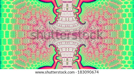 Pink and green abstract fractal background with a detailed balanced branching pattern and a central trunk decorated with a detailed leafy pattern