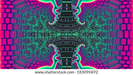Dark pink and green abstract fractal background with a detailed balanced branching pattern and a central trunk decorated with a detailed leafy pattern