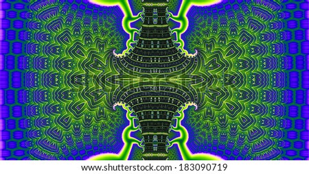 Dark blue and green abstract fractal background with a detailed balanced branching pattern and a central trunk decorated with a detailed leafy pattern