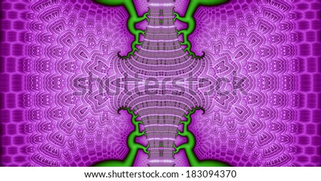 Pink and green abstract fractal background with a detailed balanced branching pattern and a central trunk decorated with a detailed leafy pattern