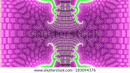 Pink and light green abstract fractal background with a detailed balanced branching pattern and a central trunk decorated with a detailed leafy pattern