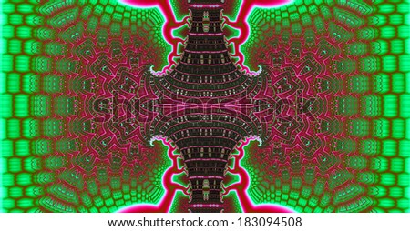 Dark green and pink abstract fractal background with a detailed balanced branching pattern and a central trunk decorated with a detailed leafy pattern