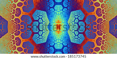 Colorful yellow, orange, red and blue abstract high resolution fractal background with a detailed leafy organic looking pattern divided into a grid and a central flower or tower-like structure
