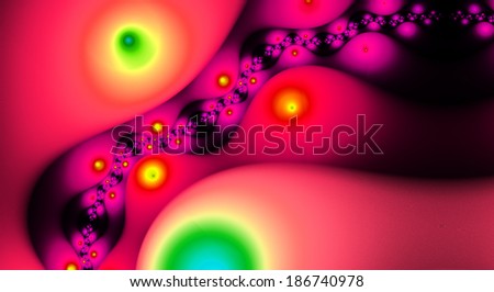 Abstract high resolution plastic looking background with a red detailed descending wavy pattern and yellow, green and blue glowing orbs