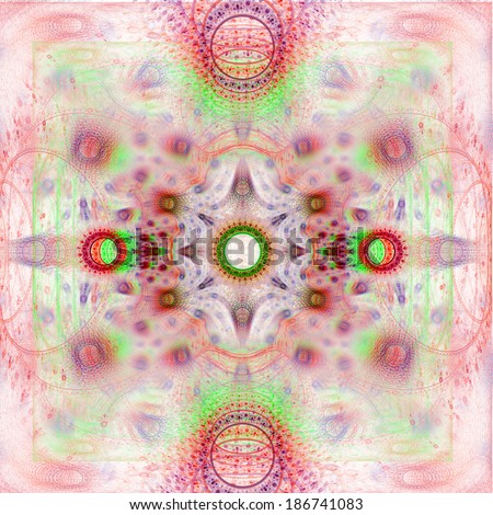 Abstract high resolution fractal background in red and green colors and against white background with a detailed circular trippy pattern and central star-like decoration
