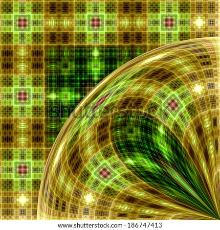 Abstract square background in high resolution with a detailed grid pattern and a decorative section of a ball in lower left part in yellow, green and pink colors