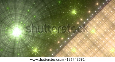 Abstract fractal background with a large star on the left, series of small stars in the middle and a solid mass withe a decorative gird pattern on the right, all in yellow and orange colors