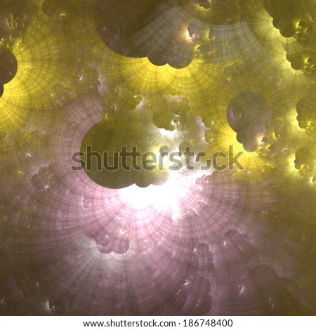 Abstract fractal nebula background in high resolution with a shining star-like center in yellow and pink colors