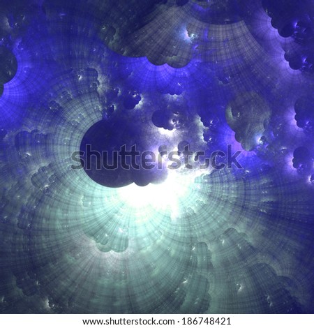 Abstract fractal nebula background in high resolution with a shining star-like center in purple and cyan colors