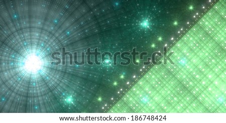 Abstract fractal background with a large star on the left, series of small stars in the middle and a solid mass withe a decorative gird pattern on the right, all in green color